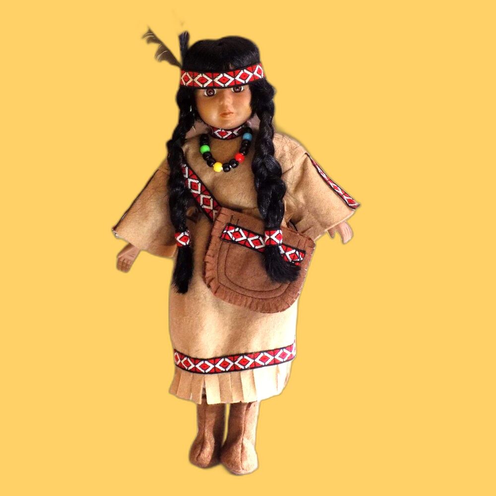 16.5" Porcelain Native American Doll with Stand Vintage Indian Doll by Anco 1991